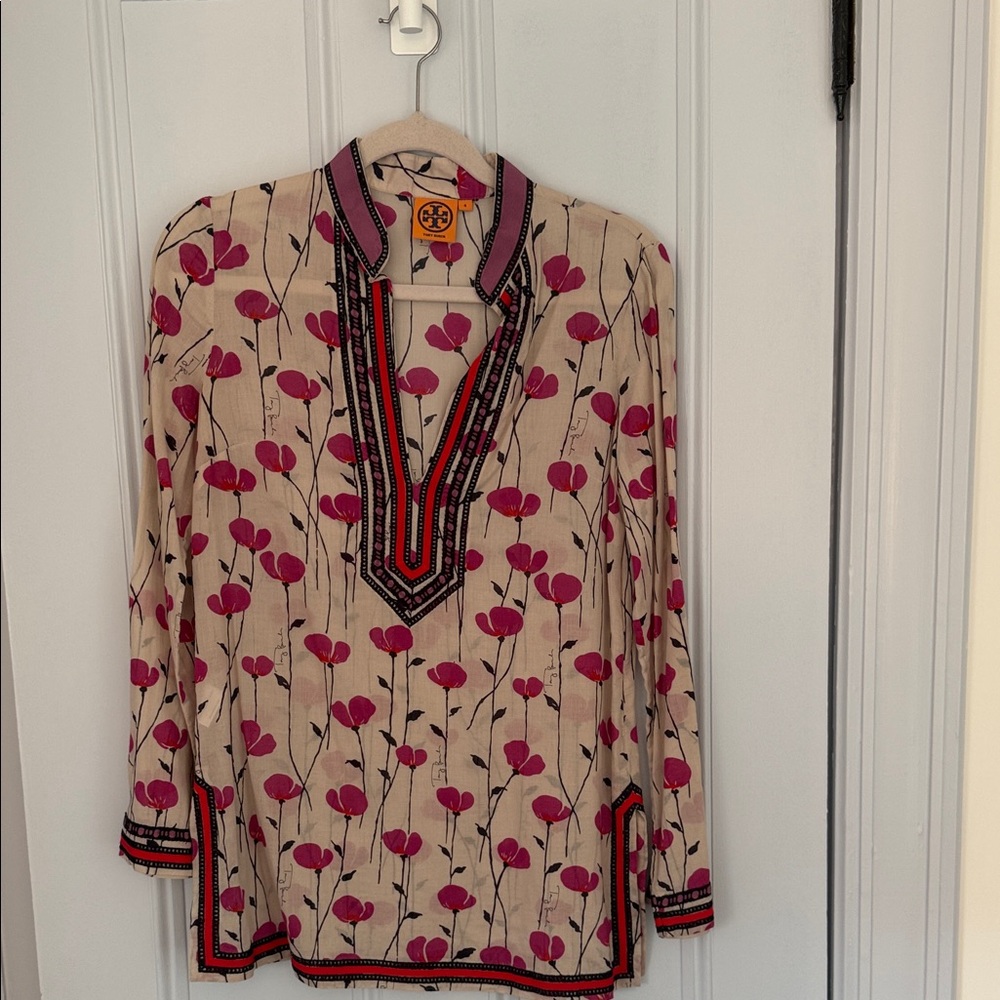 Tory Burch Cream Tunic with Pink Floral Print and Embroidered Trim
